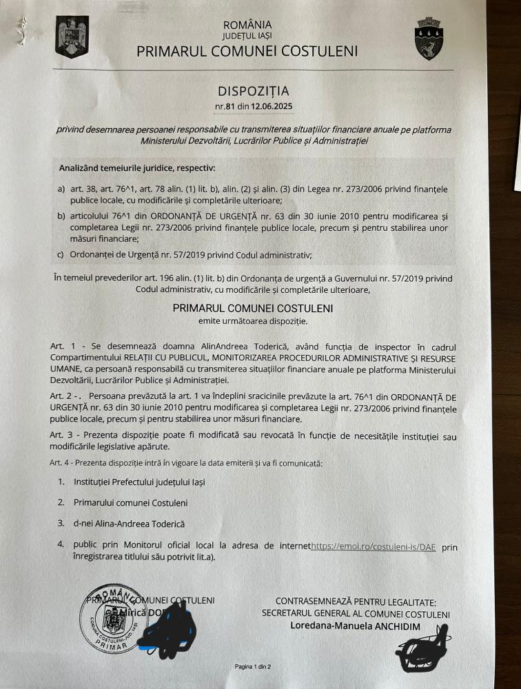 Dispoziție privind desemnarea persoanei responsabile cu transmiterea situațiilor financiare anuale pe platforma MDLPA