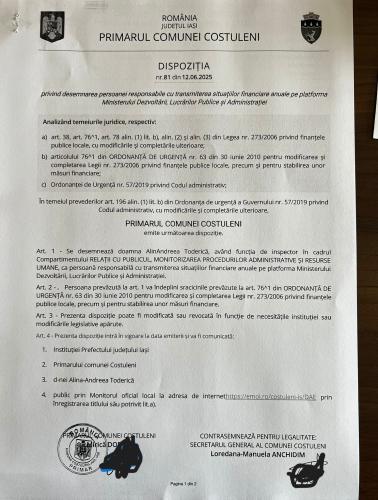 Dispoziție privind desemnarea persoanei responsabile cu transmiterea situațiilor financiare anuale pe platforma MDLPA