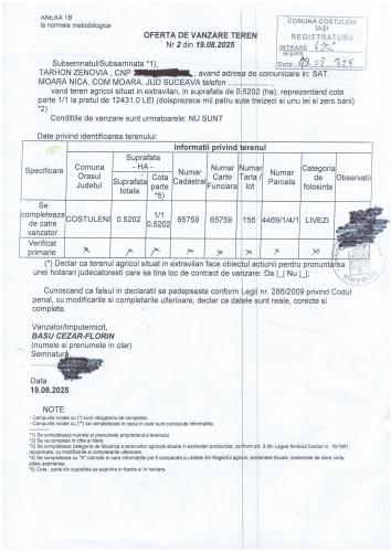 OFERTA VANZARE TEREN TARHON ZENOVIA